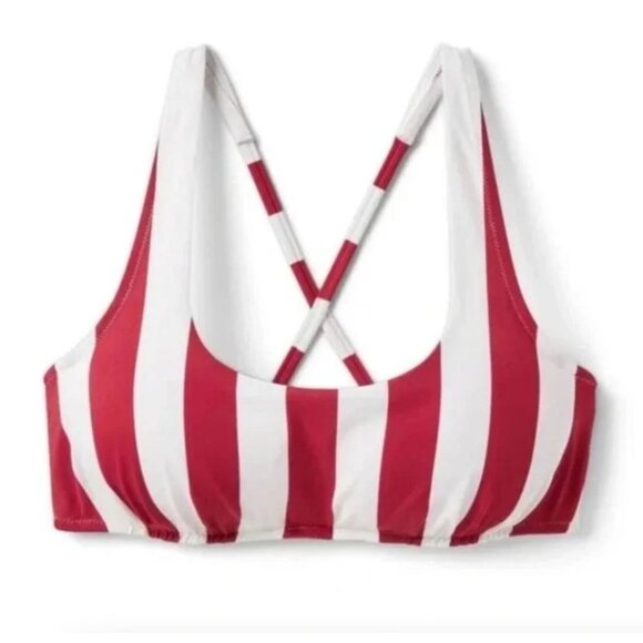 SHADE & SHORE BIKINI TOP RED WHITE STRIPED TIE BACK UNDERWIRE WOMEN'S SWIM SUIT - Picture 1 of 4